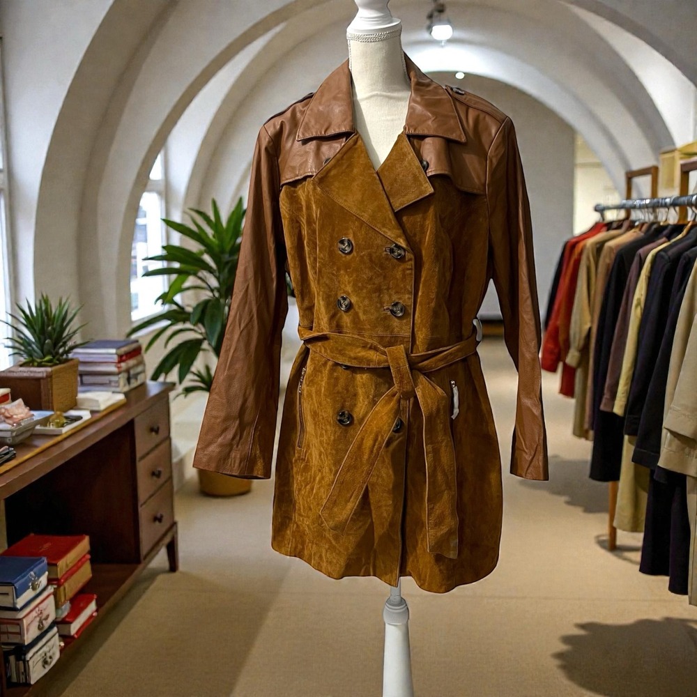 Iman Genuine Leather‎ & Suede Belted Double Breasted Trench Coat Brown Size 2X